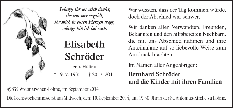  Traueranzeige für Elisabeth Schröder vom 03.09.2014 aus Neue Osnabrücker Zeitung GmbH & Co. KG