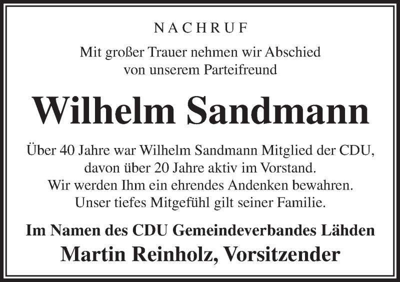  Traueranzeige für Wilhelm Sandmann vom 01.09.2014 aus Neue Osnabrücker Zeitung GmbH & Co. KG