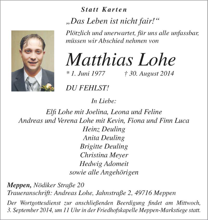  Traueranzeige für Matthias Lohe vom 02.09.2014 aus Neue Osnabrücker Zeitung GmbH & Co. KG