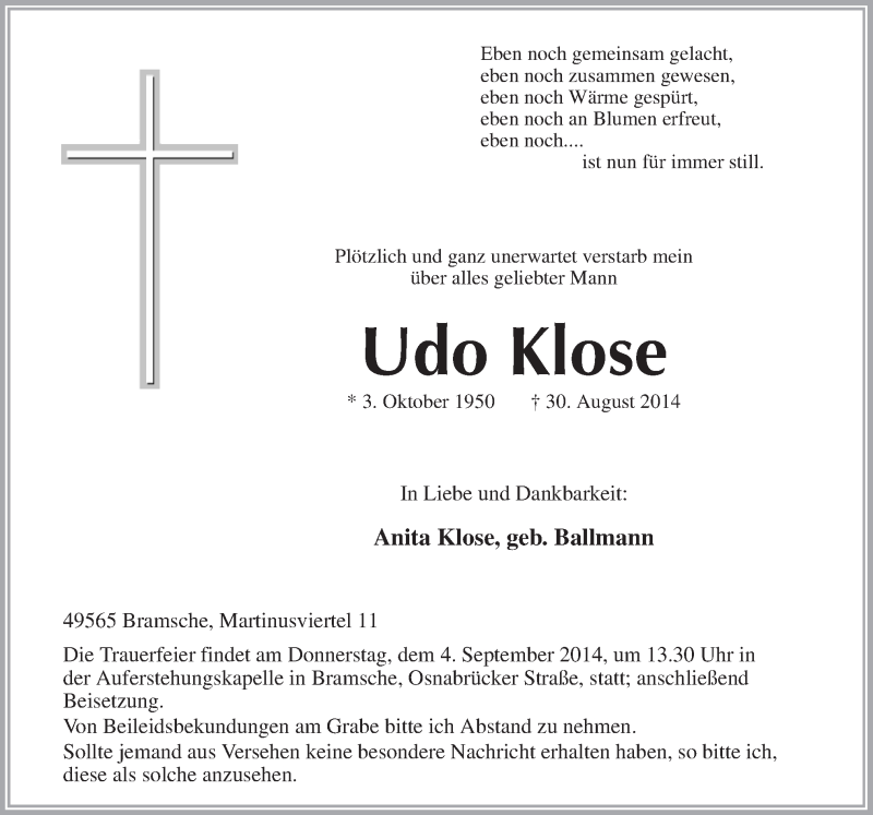  Traueranzeige für Udo Klose vom 02.09.2014 aus Neue Osnabrücker Zeitung GmbH & Co. KG