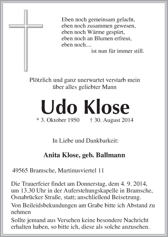  Traueranzeige für Udo Klose vom 02.09.2014 aus Neue Osnabrücker Zeitung GmbH & Co. KG