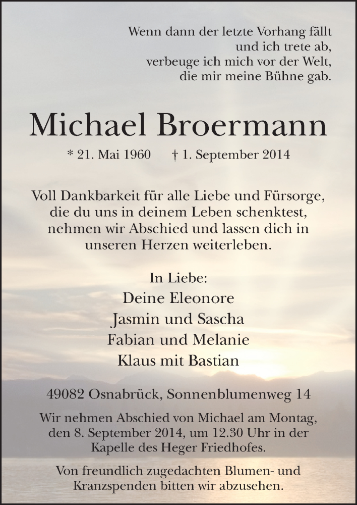  Traueranzeige für Michael Broermann vom 06.09.2014 aus Neue Osnabrücker Zeitung GmbH & Co. KG