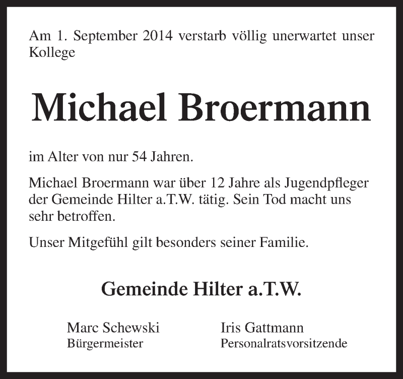  Traueranzeige für Michael Broermann vom 06.09.2014 aus Neue Osnabrücker Zeitung GmbH & Co. KG