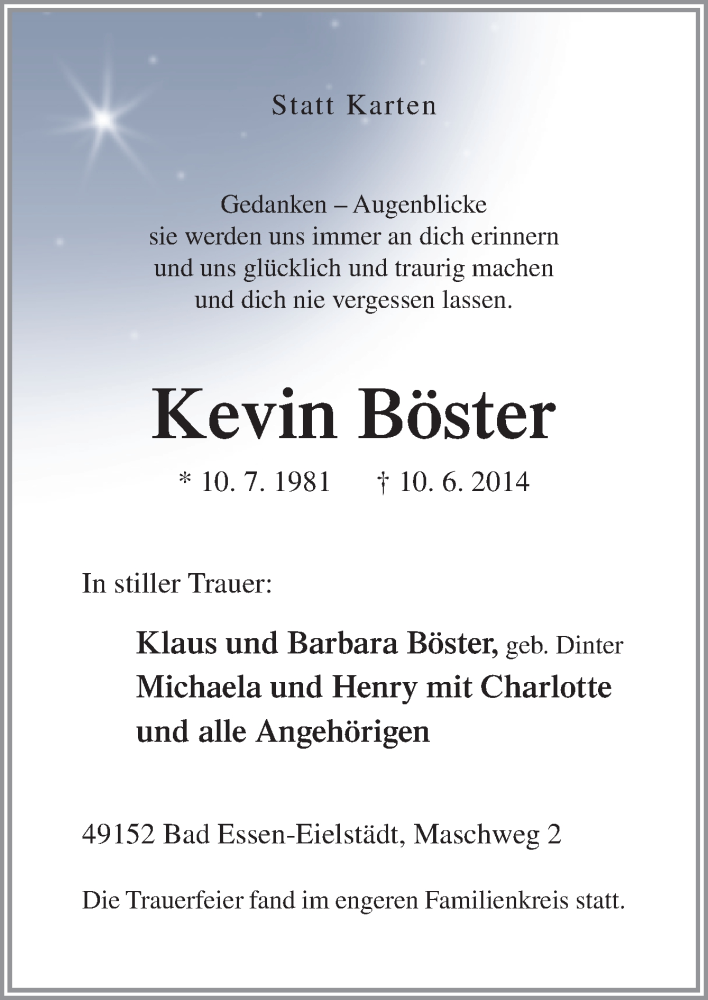  Traueranzeige für Kevin Böster vom 10.09.2014 aus Neue Osnabrücker Zeitung GmbH & Co. KG