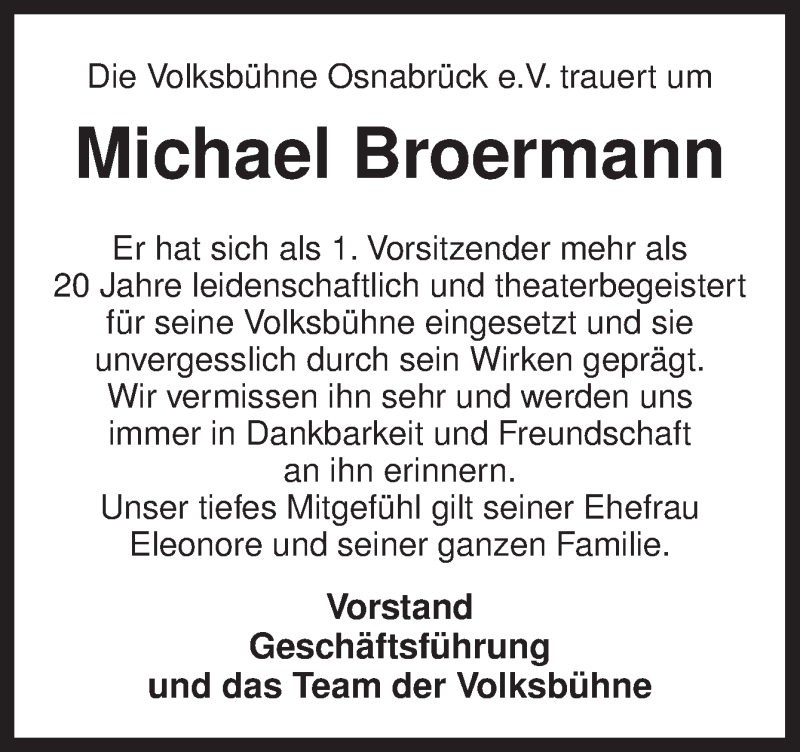  Traueranzeige für Michael Broermann vom 09.09.2014 aus Neue Osnabrücker Zeitung GmbH & Co. KG