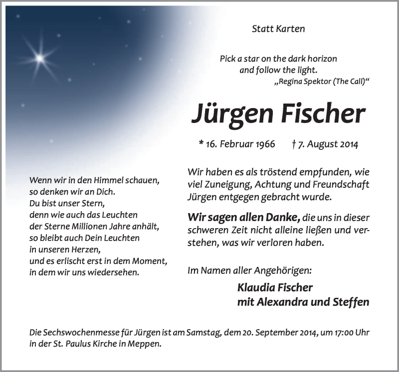  Traueranzeige für Jürgen Fischer vom 13.09.2014 aus Neue Osnabrücker Zeitung GmbH & Co. KG