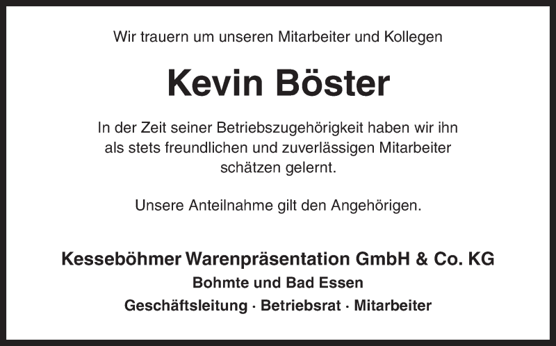  Traueranzeige für Kevin Böster vom 12.09.2014 aus Neue Osnabrücker Zeitung GmbH & Co. KG