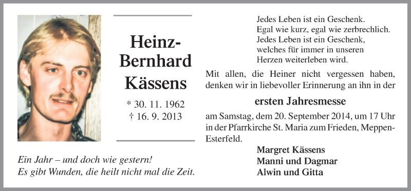  Traueranzeige für Heinz-Bernhard Kässens vom 17.09.2014 aus Neue Osnabrücker Zeitung GmbH & Co. KG