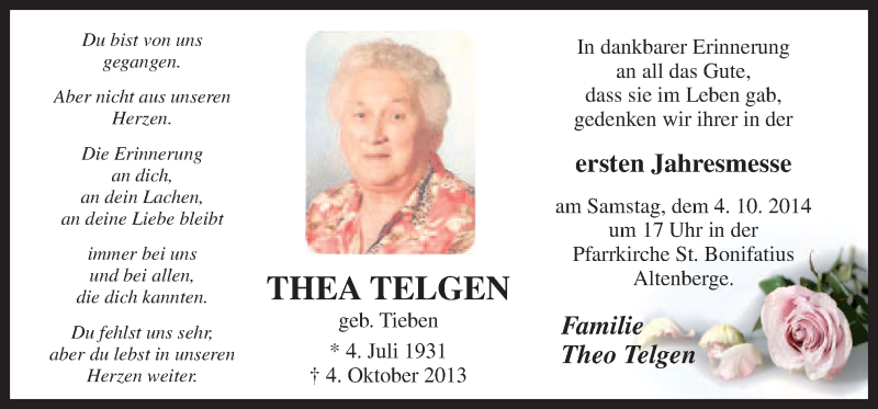  Traueranzeige für Thea Telgen vom 30.09.2014 aus Neue Osnabrücker Zeitung GmbH & Co. KG