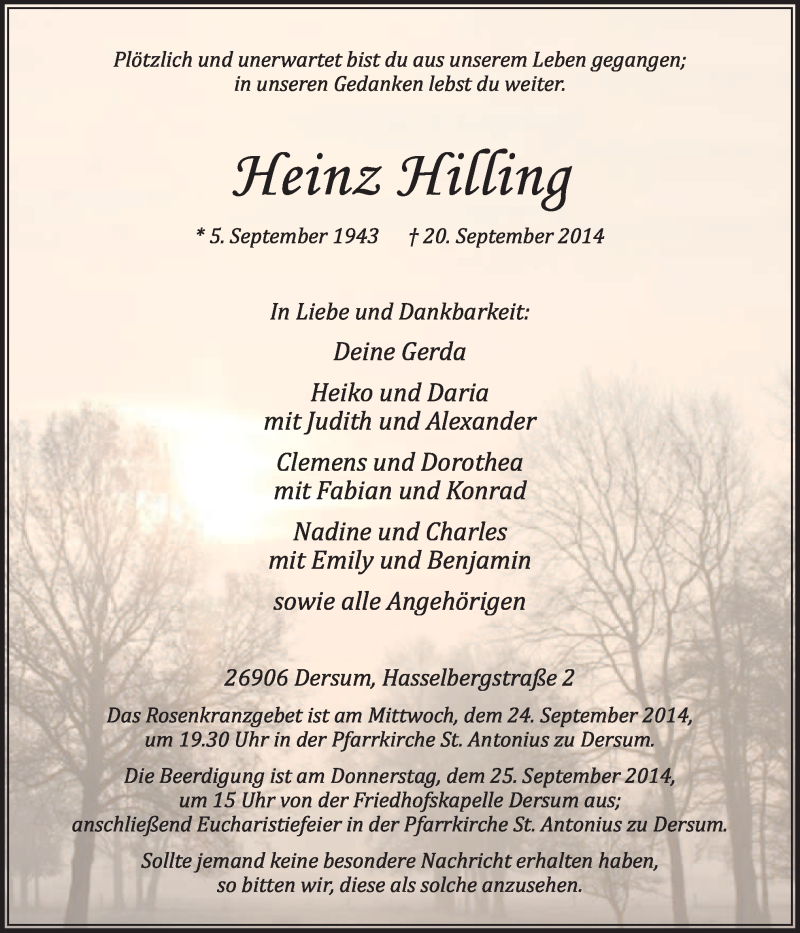  Traueranzeige für Heinz Hilling vom 22.09.2014 aus Neue Osnabrücker Zeitung GmbH & Co. KG