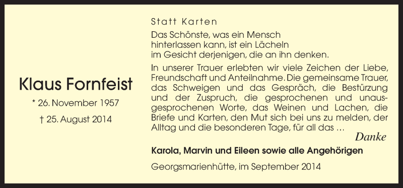  Traueranzeige für Klaus Fornfeist vom 27.09.2014 aus Neue Osnabrücker Zeitung GmbH & Co. KG