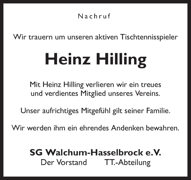 Traueranzeige für Heinz Hilling vom 24.09.2014 aus Neue Osnabrücker Zeitung GmbH & Co. KG
