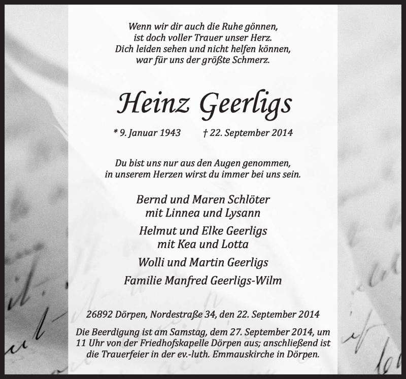  Traueranzeige für Heinz Geerligs vom 25.09.2014 aus Neue Osnabrücker Zeitung GmbH & Co. KG