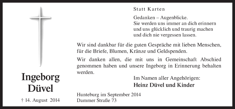  Traueranzeige für Ingeborg Düvel vom 27.09.2014 aus Neue Osnabrücker Zeitung GmbH & Co. KG