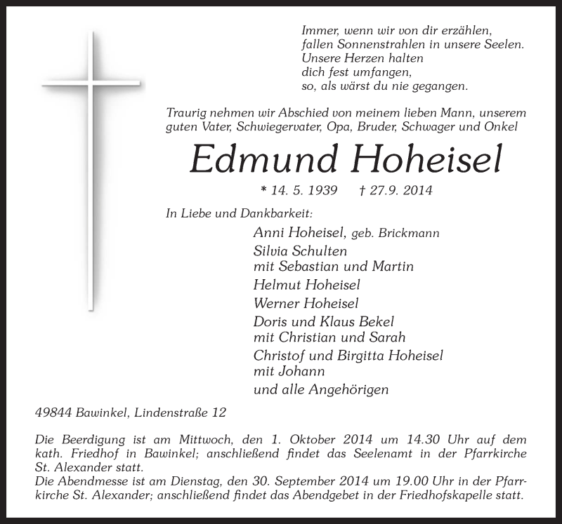  Traueranzeige für Edmund Hoheisel vom 29.09.2014 aus Neue Osnabrücker Zeitung GmbH & Co. KG