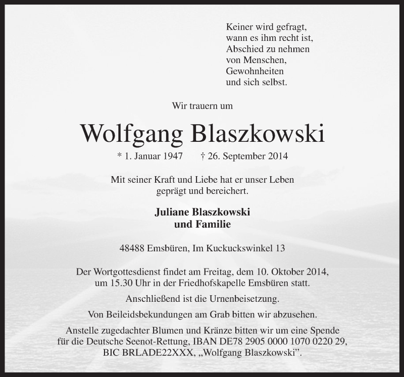 Traueranzeige für Wolfgang Blaszkowski vom 30.09.2014 aus Neue Osnabrücker Zeitung GmbH & Co. KG