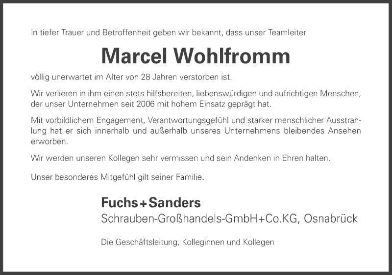  Traueranzeige für Marcel Wohlfromm vom 10.01.2015 aus Neue Osnabrücker Zeitung GmbH & Co. KG