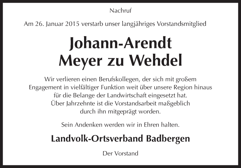  Traueranzeige für Johann Arendt  Meyer zu Wehdel vom 30.01.2015 aus Neue Osnabrücker Zeitung GmbH & Co. KG