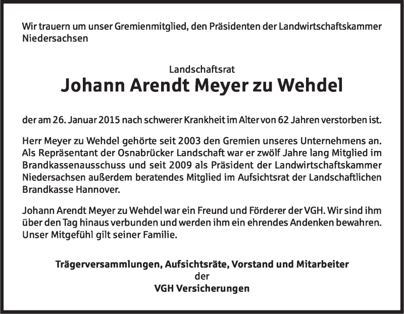  Traueranzeige für Johann Arendt  Meyer zu Wehdel vom 29.01.2015 aus Neue Osnabrücker Zeitung GmbH & Co. KG