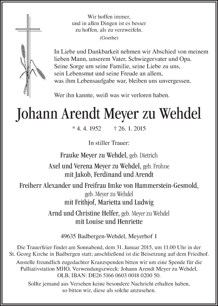  Traueranzeige für Johann Arendt  Meyer zu Wehdel vom 28.01.2015 aus Neue Osnabrücker Zeitung GmbH & Co. KG