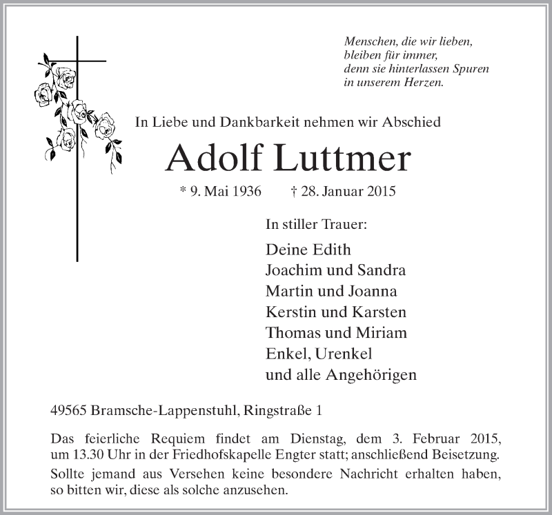  Traueranzeige für Adolf Luttmer vom 31.01.2015 aus Neue Osnabrücker Zeitung GmbH & Co. KG