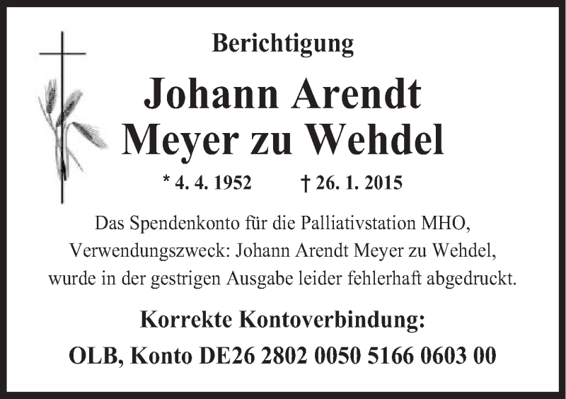 Traueranzeige für Johann Arendt  Meyer zu Wehdel vom 29.01.2015 aus Neue Osnabrücker Zeitung GmbH & Co. KG