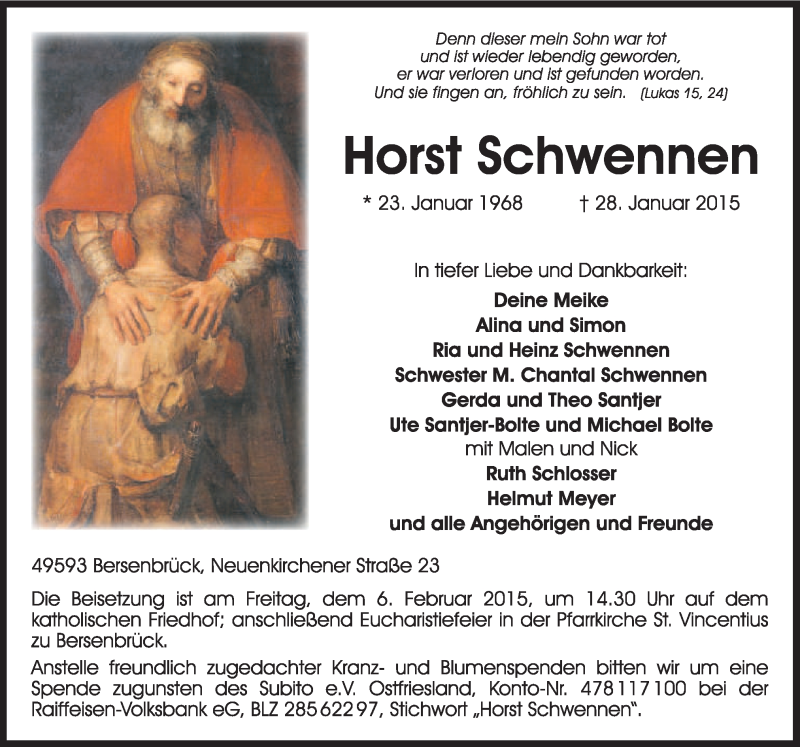  Traueranzeige für Horst Schwennen vom 31.01.2015 aus Neue Osnabrücker Zeitung GmbH & Co. KG