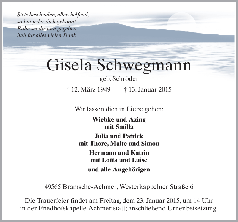  Traueranzeige für Gisela Schwegmann vom 17.01.2015 aus Neue Osnabrücker Zeitung GmbH & Co. KG