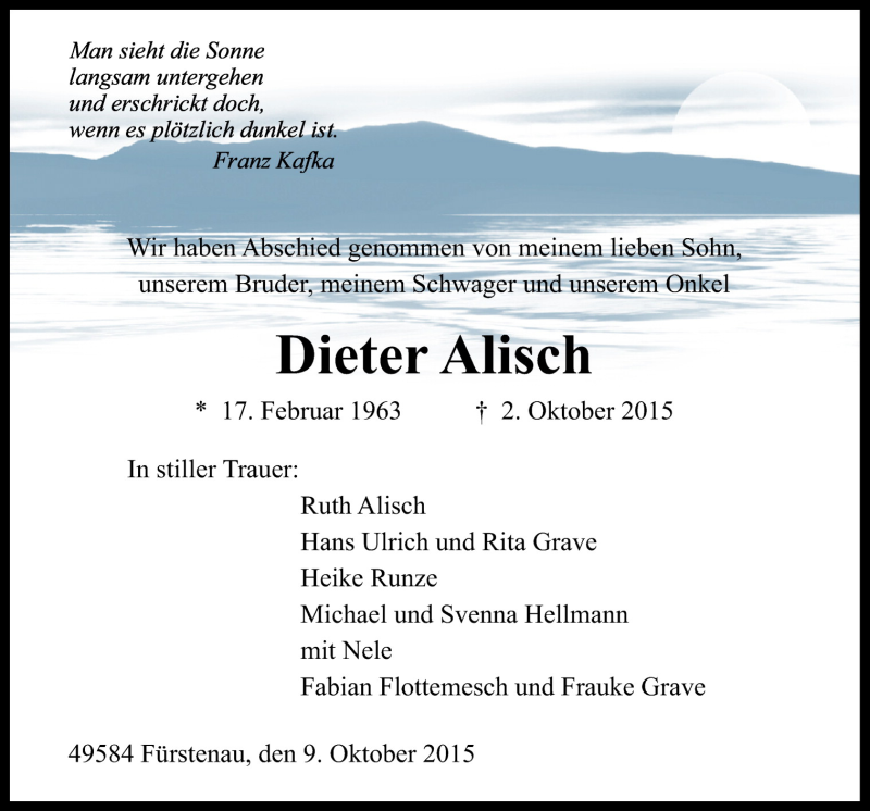  Traueranzeige für Dieter Alisch vom 09.10.2015 aus Neue Osnabrücker Zeitung GmbH & Co. KG