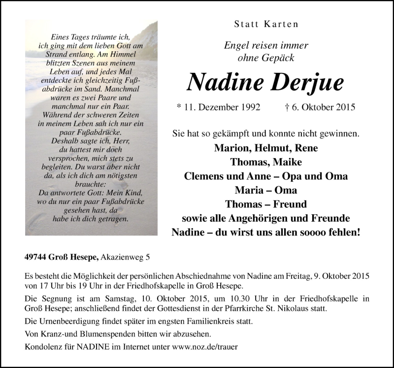  Traueranzeige für Nadine Derjue vom 09.10.2015 aus Neue Osnabrücker Zeitung GmbH & Co. KG