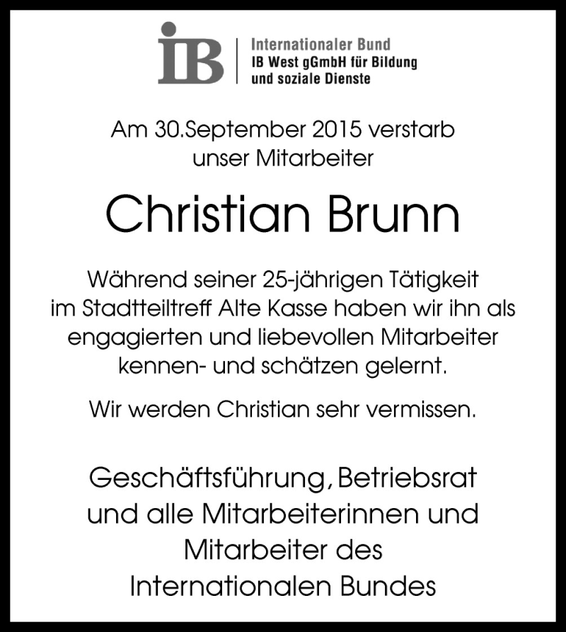  Traueranzeige für Christian Brunn vom 07.10.2015 aus Neue Osnabrücker Zeitung GmbH & Co. KG