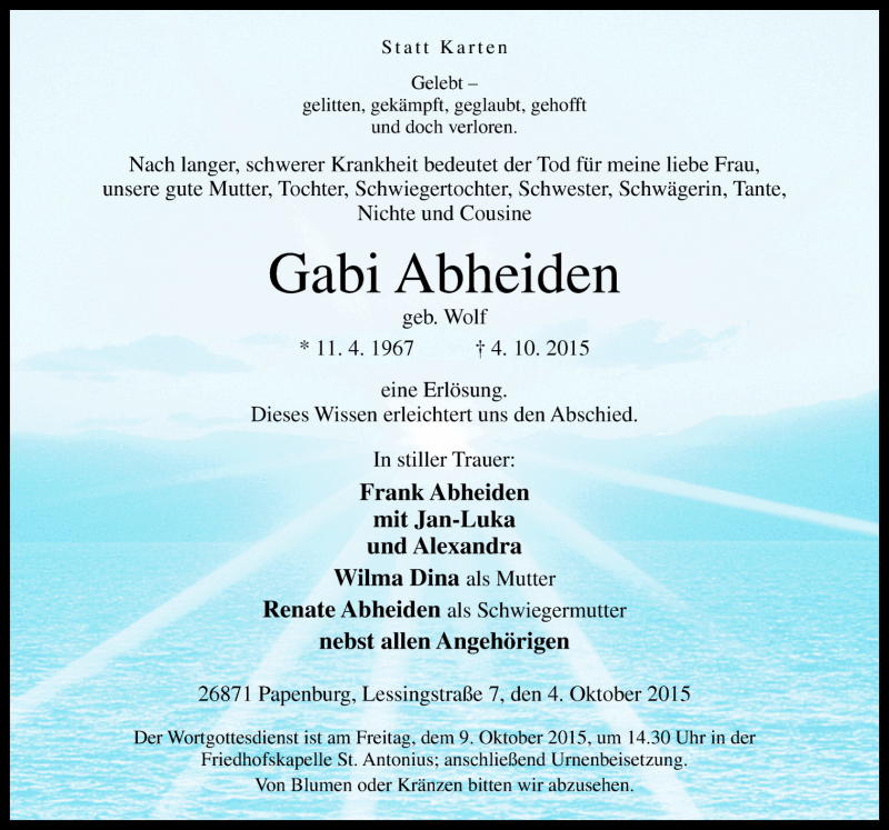  Traueranzeige für Gabi Abheiden vom 06.10.2015 aus Neue Osnabrücker Zeitung GmbH & Co. KG