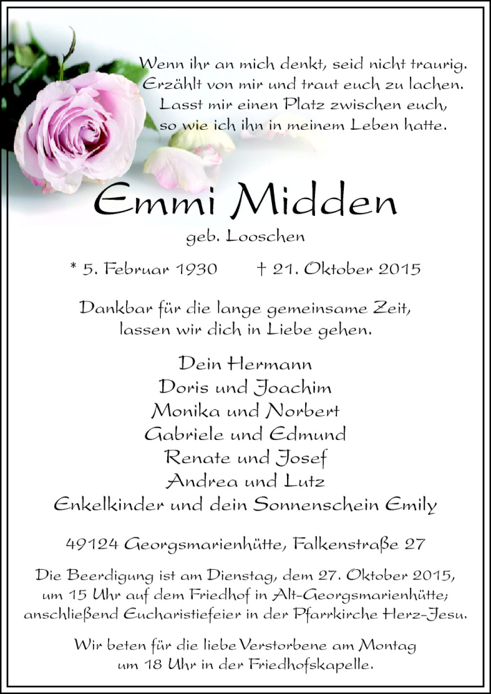  Traueranzeige für Emmi Midden vom 24.10.2015 aus Neue Osnabrücker Zeitung GmbH & Co. KG