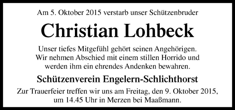 Traueranzeige für Christian Lohbeck vom 09.10.2015 aus Neue Osnabrücker Zeitung GmbH & Co. KG