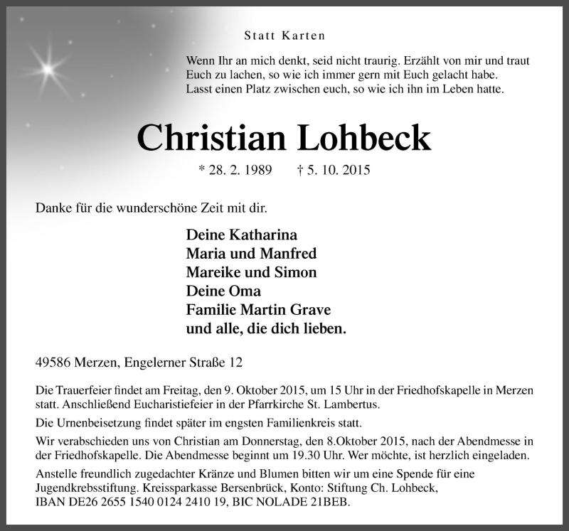  Traueranzeige für Christian Lohbeck vom 07.10.2015 aus Neue Osnabrücker Zeitung GmbH & Co. KG