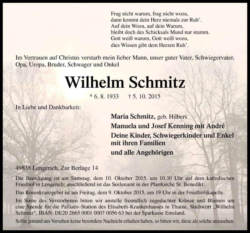  Traueranzeige für Wilhelm Schmitz vom 08.10.2015 aus Neue Osnabrücker Zeitung GmbH & Co. KG