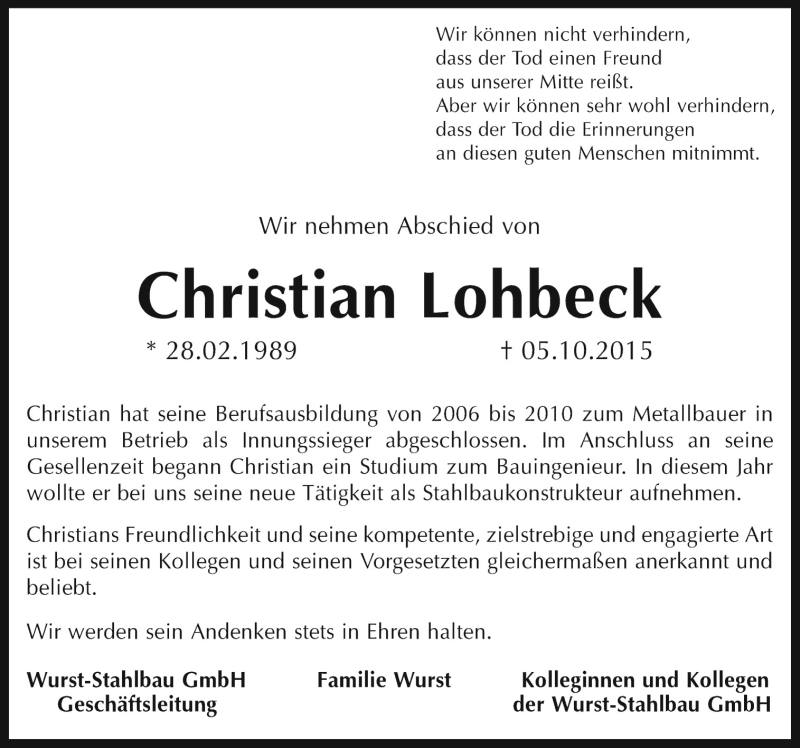  Traueranzeige für Christian Lohbeck vom 08.10.2015 aus Neue Osnabrücker Zeitung GmbH & Co. KG
