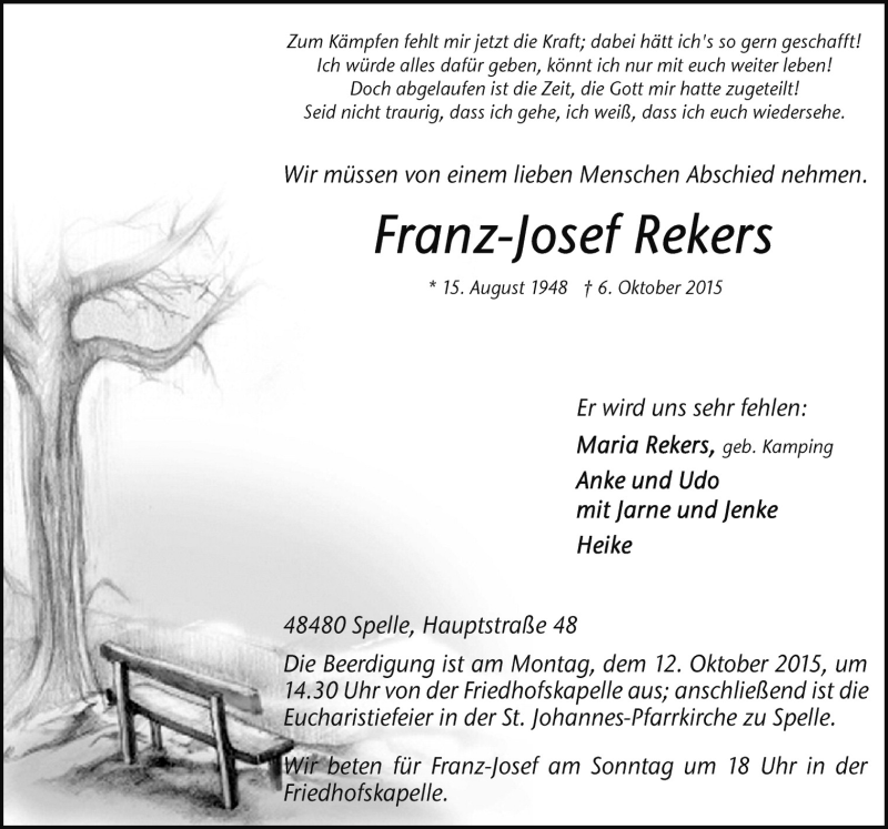  Traueranzeige für Franz-Josef Rekers vom 08.10.2015 aus Neue Osnabrücker Zeitung GmbH & Co. KG