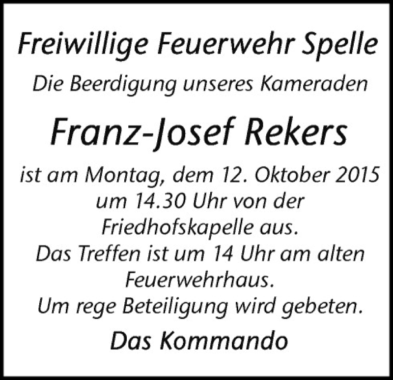  Traueranzeige für Franz-Josef Rekers vom 09.10.2015 aus Neue Osnabrücker Zeitung GmbH & Co. KG