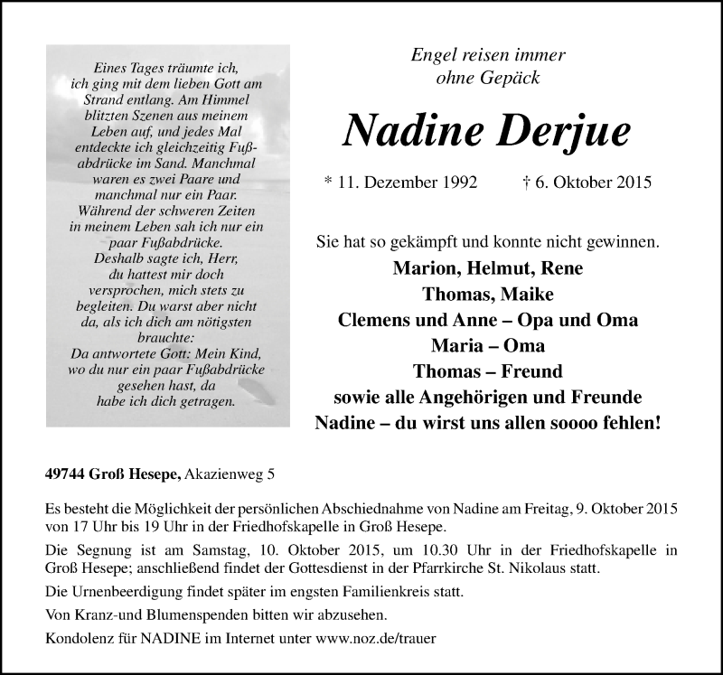  Traueranzeige für Nadine Derjue vom 08.10.2015 aus Neue Osnabrücker Zeitung GmbH & Co. KG