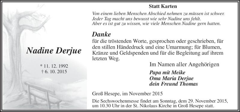  Traueranzeige für Nadine Derjue vom 28.11.2015 aus Neue Osnabrücker Zeitung GmbH & Co. KG