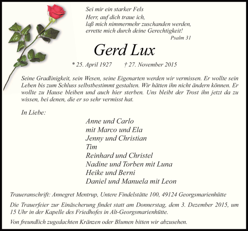  Traueranzeige für Gerd Lux vom 30.11.2015 aus Neue Osnabrücker Zeitung GmbH & Co. KG