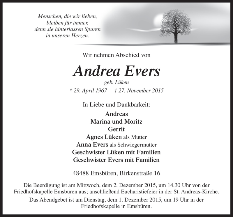  Traueranzeige für Andrea Evers vom 30.11.2015 aus Neue Osnabrücker Zeitung GmbH & Co. KG