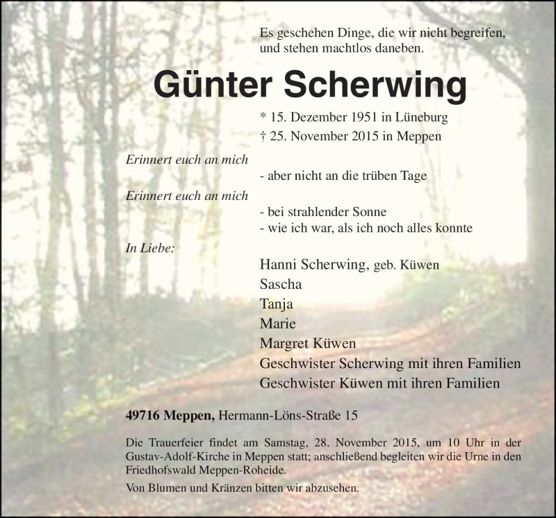  Traueranzeige für Günter Scherwing vom 27.11.2015 aus Neue Osnabrücker Zeitung GmbH & Co. KG