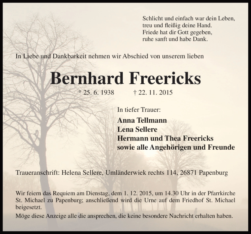  Traueranzeige für Bernhard Freericks vom 25.11.2015 aus Neue Osnabrücker Zeitung GmbH & Co. KG