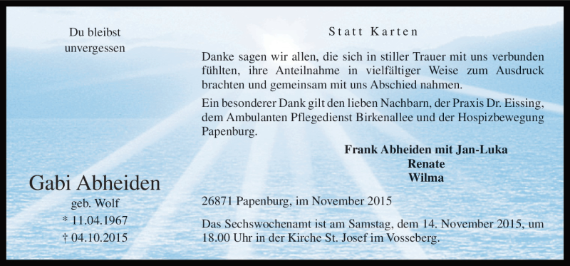  Traueranzeige für Gabi Abheiden vom 12.11.2015 aus Neue Osnabrücker Zeitung GmbH & Co. KG