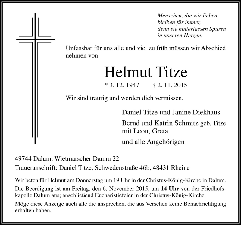  Traueranzeige für Helmut Titze vom 04.11.2015 aus Neue Osnabrücker Zeitung GmbH & Co. KG