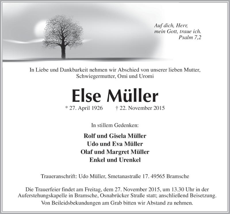  Traueranzeige für Else Müller vom 24.11.2015 aus Neue Osnabrücker Zeitung GmbH & Co. KG