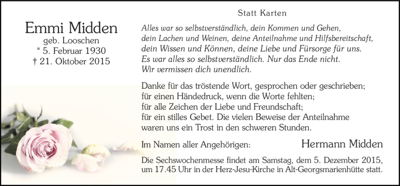  Traueranzeige für Emmi Midden vom 21.11.2015 aus Neue Osnabrücker Zeitung GmbH & Co. KG