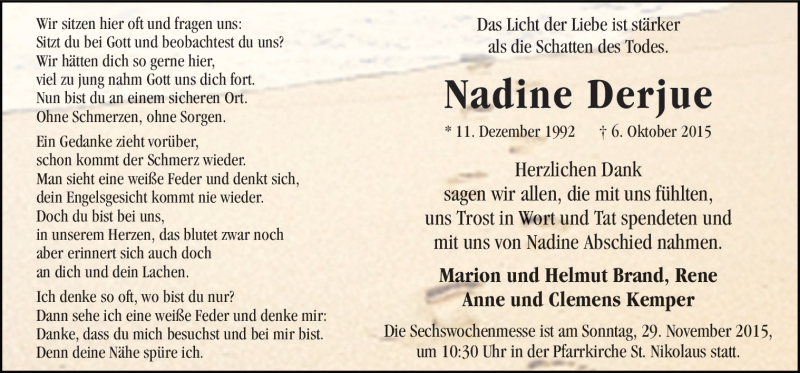  Traueranzeige für Nadine Derjue vom 21.11.2015 aus Neue Osnabrücker Zeitung GmbH & Co. KG